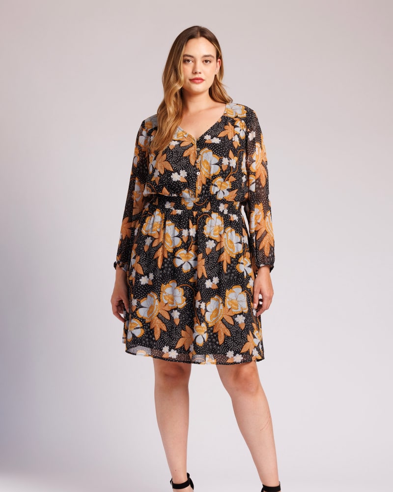 Front of a model wearing a size 1X Kayla Long Sleeve Floral Dress in J484 BLACK by Daniel Rainn. | dia_product_style_image_id:303073
